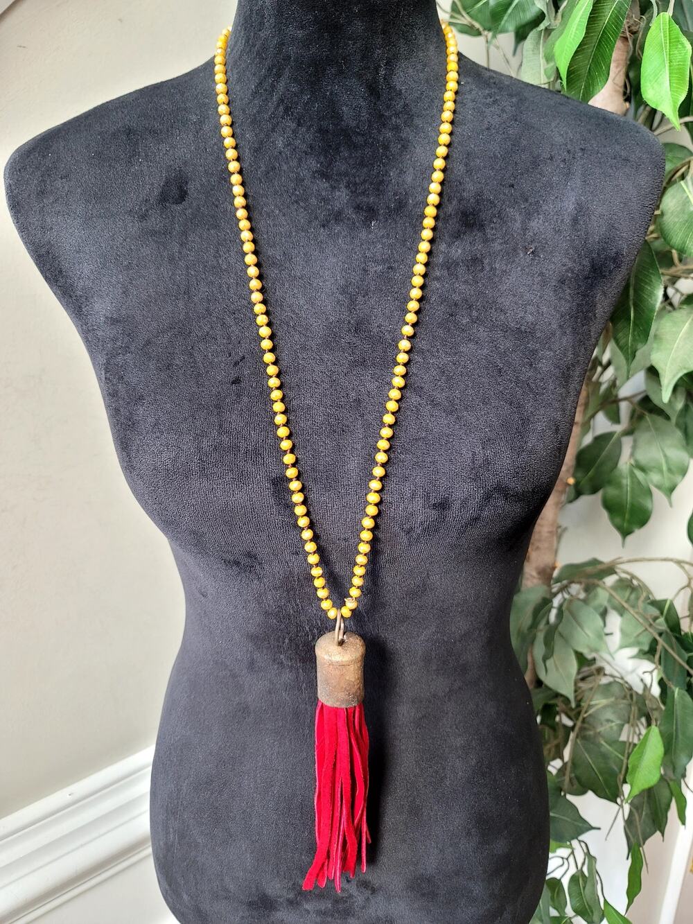 Long Gold Tone Beaded Necklace Red Tassel Pendant Boho Statement Jewelry